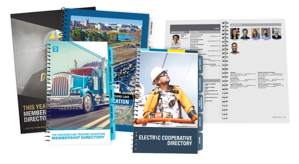 Multiple publications: blue truck with five tabs, worker with hard hat on with five tabs